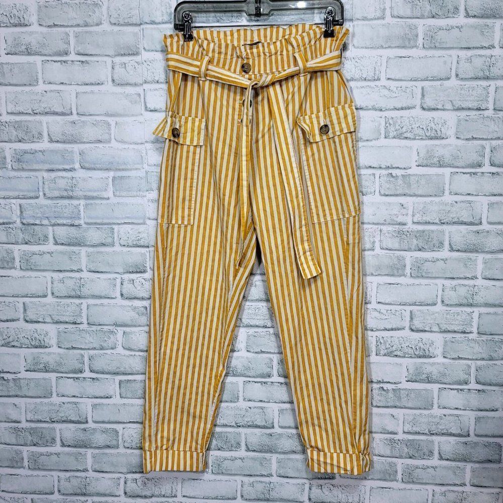 Taxi Womens XL Yellow White Striped Paperbag Waist Tapered‎ Leg Tie Sash Belt